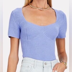 STAUD Buxton Rib Knit Short Sleeve Top Periwinkle Size Large